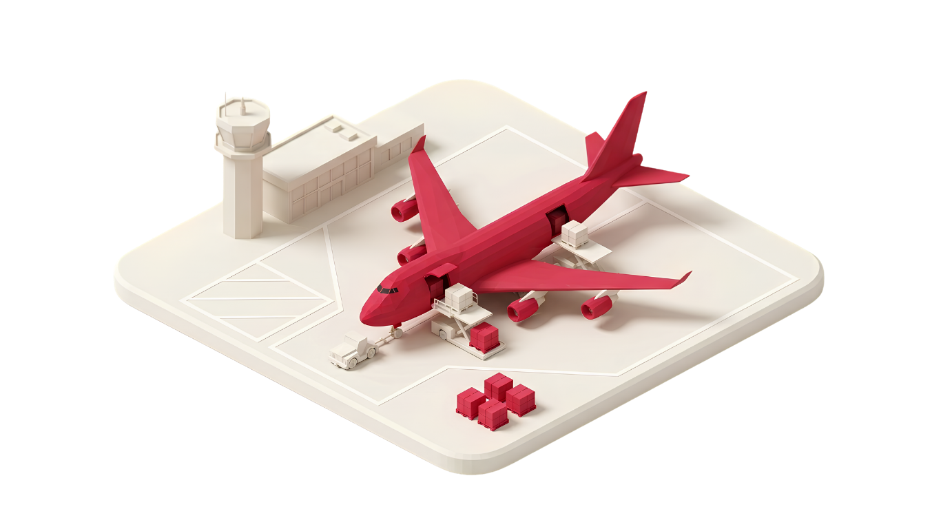 Isometric diorama of a red cargo aircraft on an ivory airport apron
