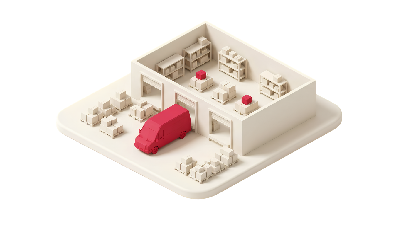 Isometric diorama of a red delivery van at an ivory cross-dock warehouse