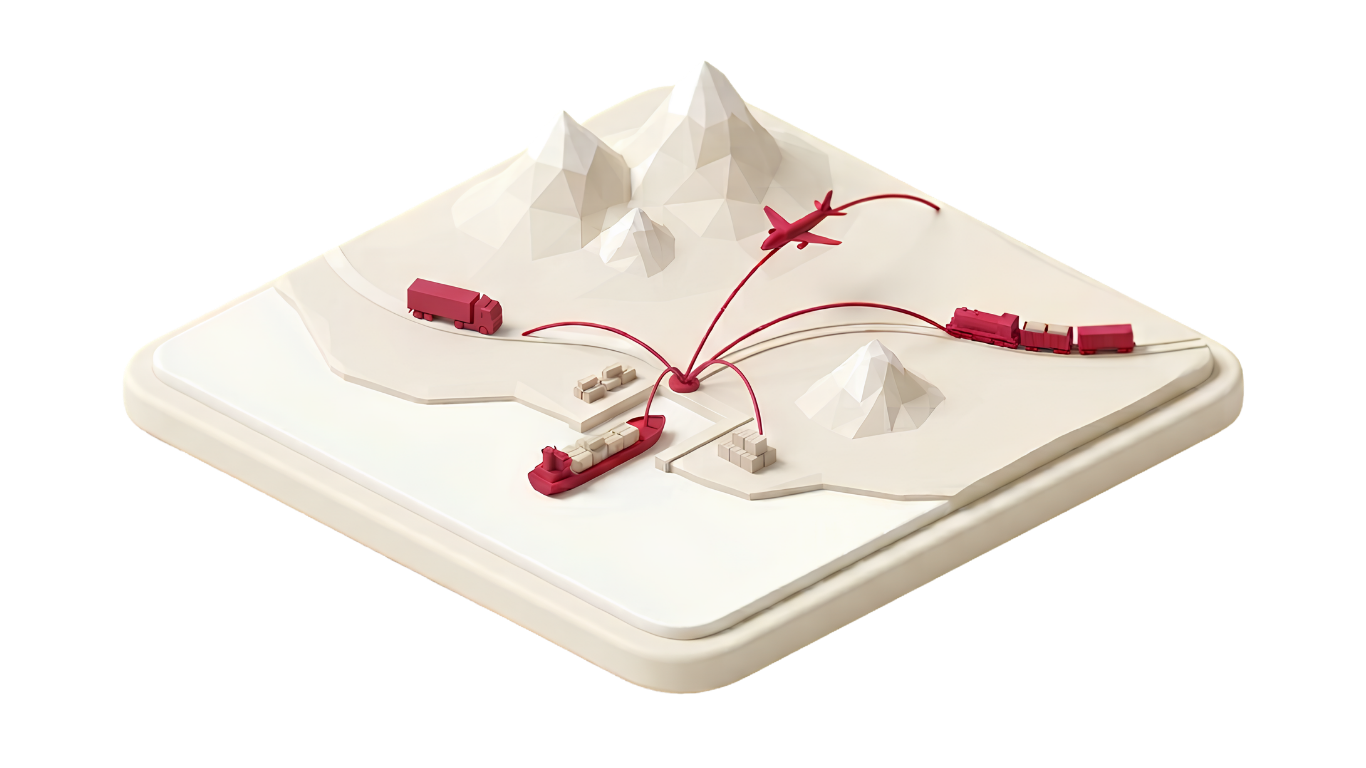 Isometric miniature world with red freight routes — truck, ship, aircraft, and train — converging on a central point