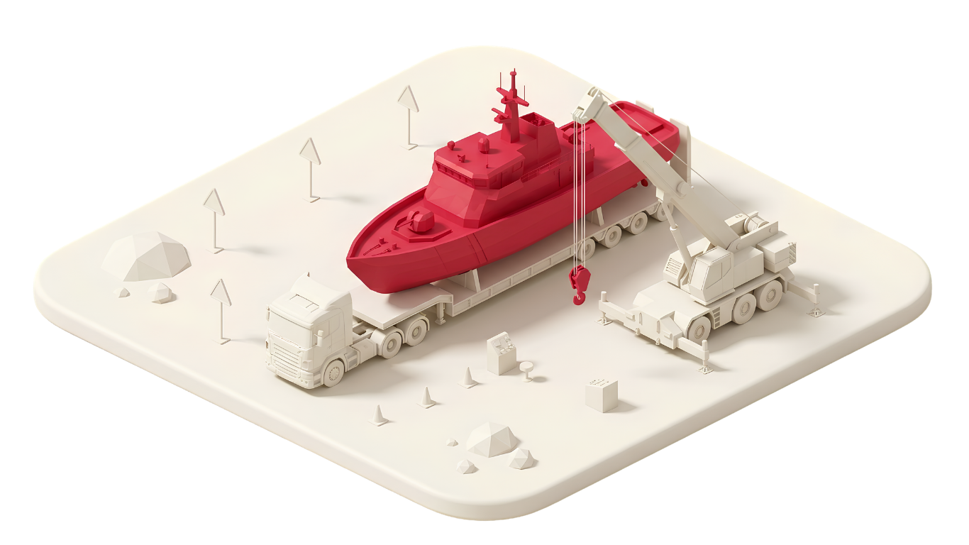 Isometric diorama of a red heavy-haul flatbed truck with a mobile crane