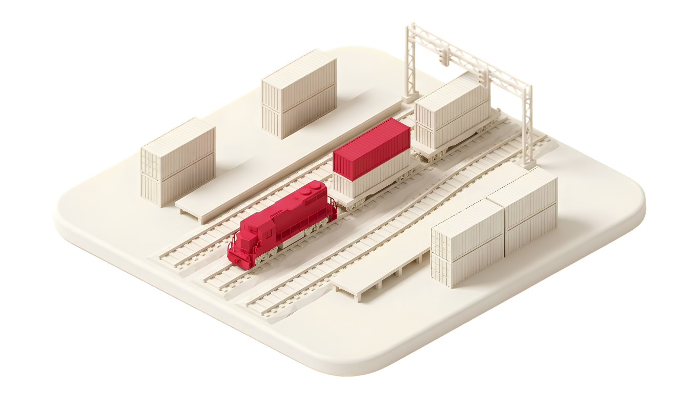 Isometric diorama of a red locomotive and container wagons in an ivory rail yard