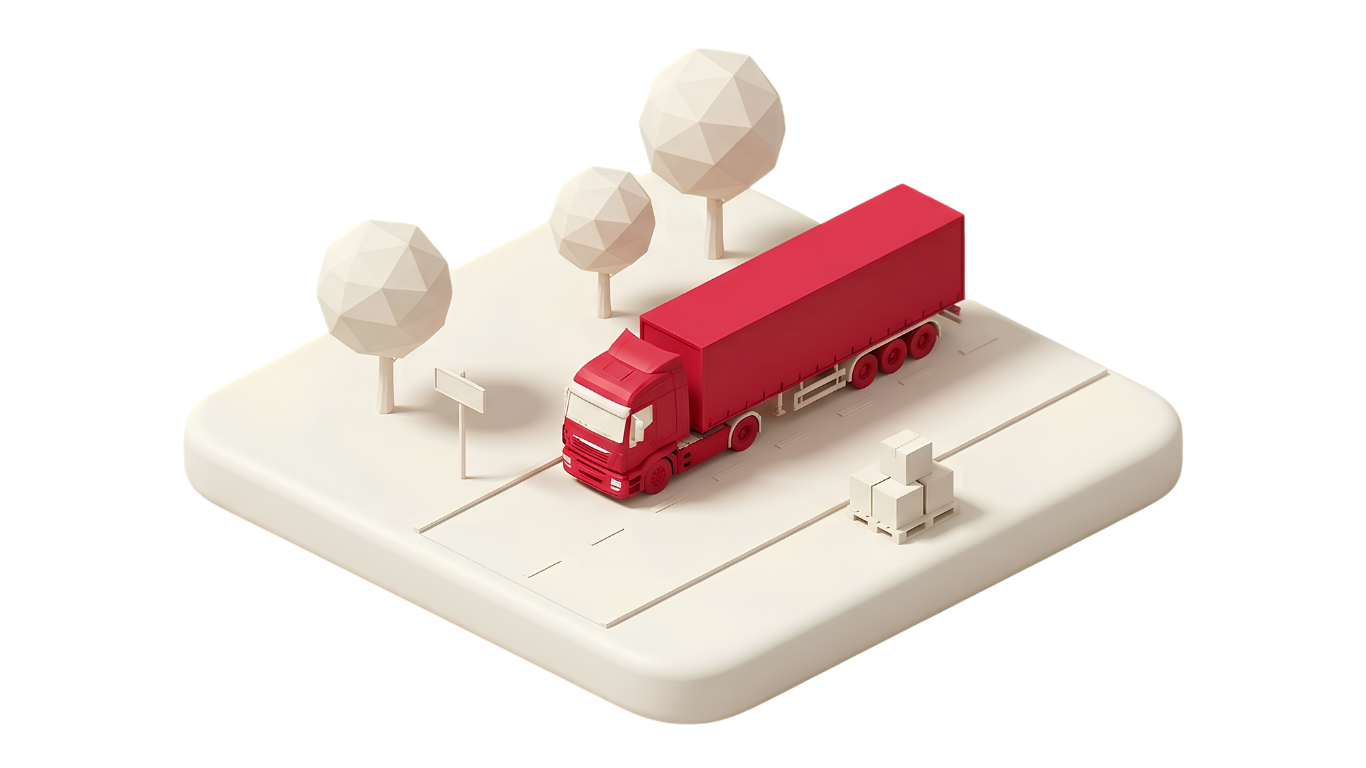 Isometric diorama of a red semi-truck and trailer on an ivory road