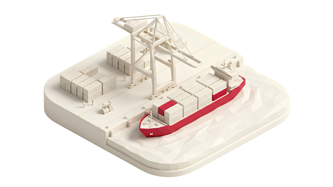 Isometric diorama of a red container ship at an ivory port with a gantry crane