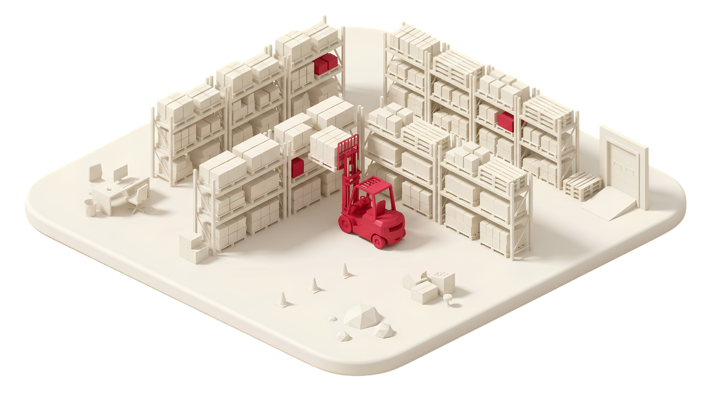 Isometric diorama of an ivory warehouse with racking and a red forklift